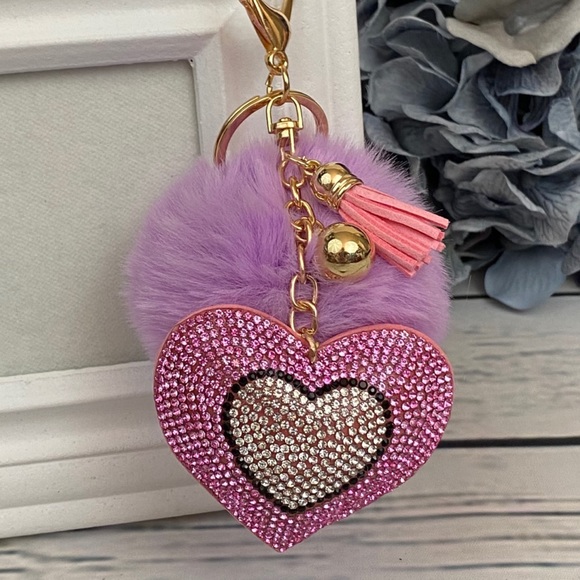 Heart with Pink Rhinestones & Pom Pom on Keychain - Picture 1 of 13